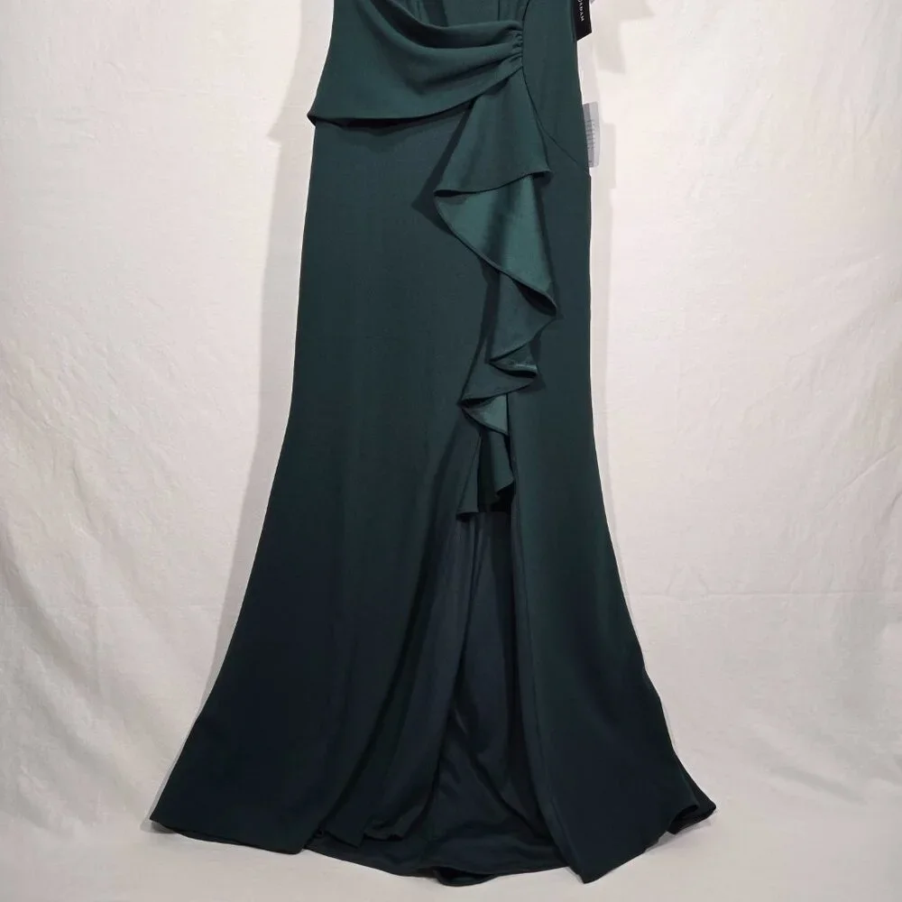 BETSY ADAM "Christine" PINE Scuba Crepe Ruffle Bow Slit Formal Gown Dress Size 8 - Picture 4 of 17